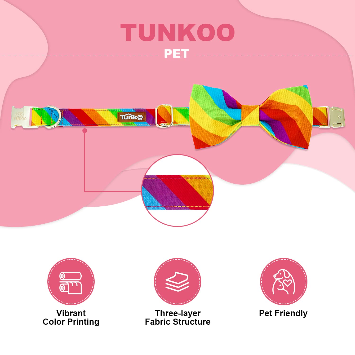 Tunkoo Rainbow Dog Collar With Very Pretty Bow Tie For Lgbt Pride Month - Adjustable And Comfortable Collar For Large Medium Sma