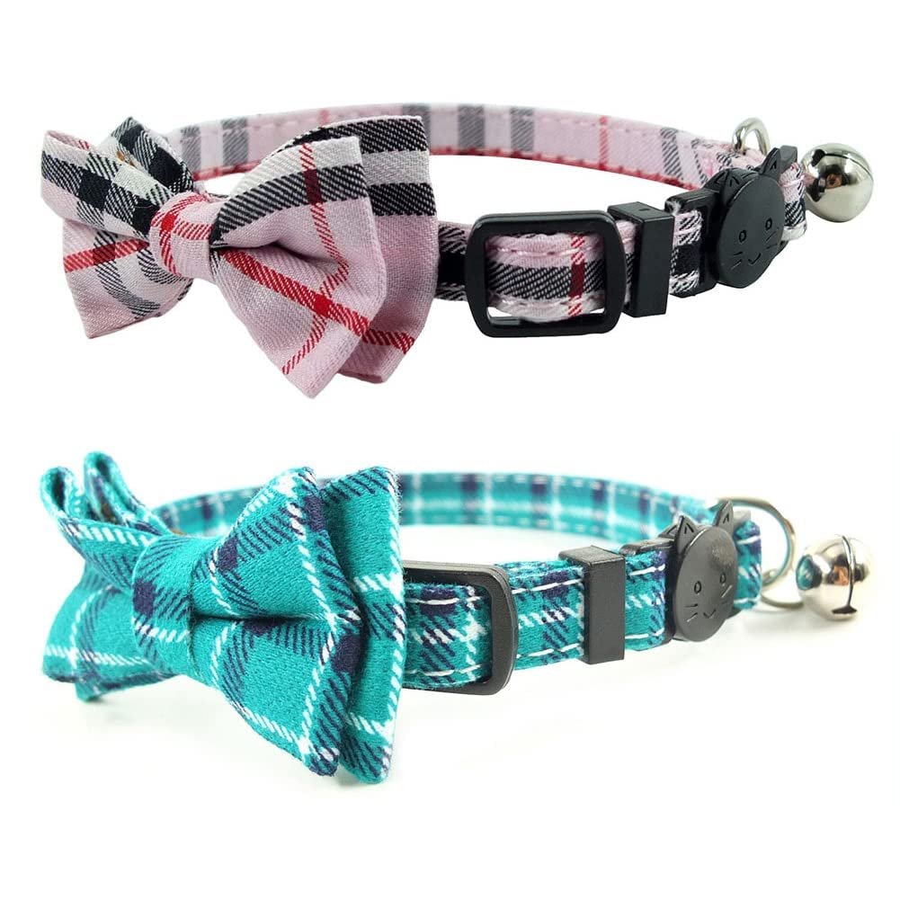 Cat Collar Breakaway With Bell And Bow Tie, Plaid Design Adjustable Safety Kitty Kitten Collars Set Of 2 Pcs(6.8-10.8In) (Pink&Cyan Plaid)