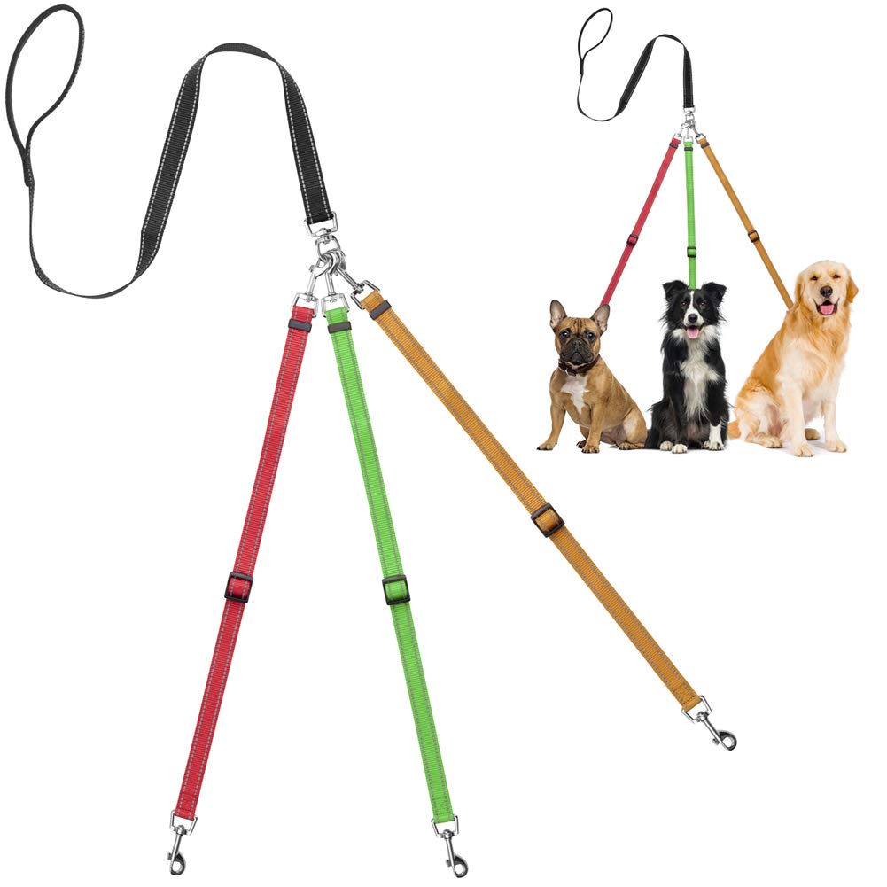 Heavy Duty Tangle Free 3/Three Way Dog Coupler Leash With Padded Handle,Reflective Triple Braid Split Lease Pet Leash For Walking 3/2/1 Medium Large Dogs Training (Muticolor)
