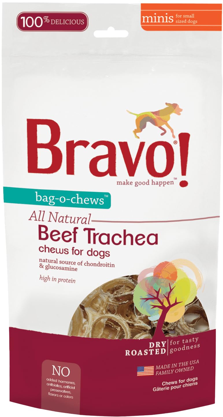 Bravo! Beef Trachea Mini Dog Chews, 1-2 Inch (7 Ounce) for Small Breed Dogs, Dry Roasted, High Protein, Natural Source of Chondr