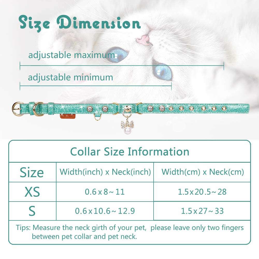Petshome Cat Collar, Dog Collar, [Bling Rhinestones] Pu Leather Adjustable Pet Collar With Luxury Pendant For Cat And Small Dog Extra Small Mint Green