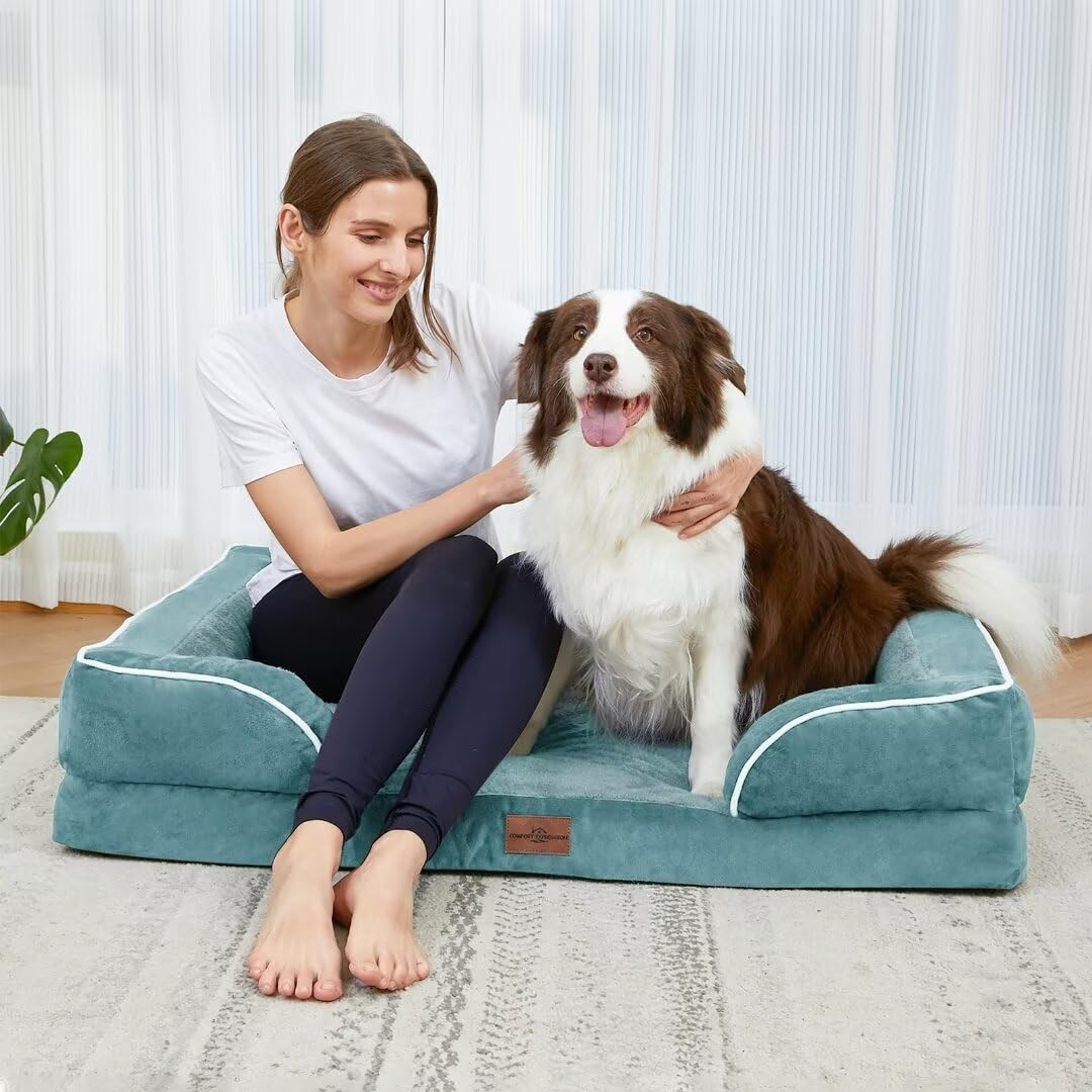 Comfort Expression Orthopedic Foam Xl Dog Beds Waterproof, Extra Large Dog Bed With Bolster, Washable Dog Bed Sofa Pet Bed With Removable Cover & Non-Slip Bottom(X-Large,Washed Blue)