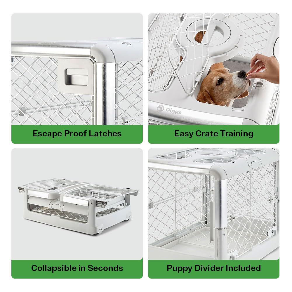 Diggs Revol Collapsible Dog Crate - Portable Ash Kennel, Medium Size, Aluminum with Wheels