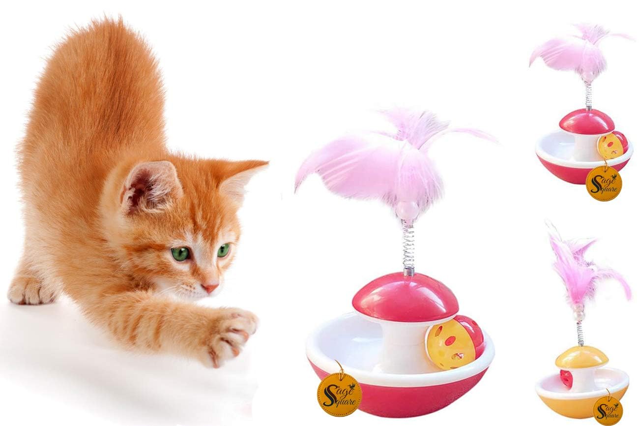 Sage Square Cat Rolling Interactive Tumbler Toy, PetFriendly, Feather Teaser, Training Toy For Cat, Kitten, Puppy (Red)