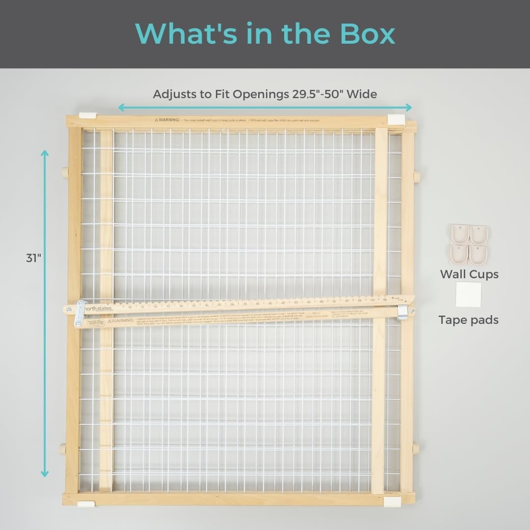Toddleroo By North States Extra Wide Wire Mesh Wooden Baby Gate: 29.5'-50' Wide. Pressure Mounted Baby Gate For Doorway. (31' Tall, Sustainable Hardwood)