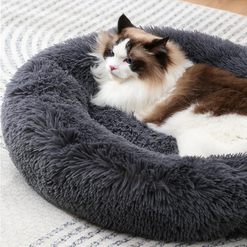 Round Dog Bed Fluffy Cat Bed Small Dog Bed Pet Bed Calming Donut Cat Bed Round Puppy Bed Calming Pet Bed Suit For 8Kg Dog And Ca