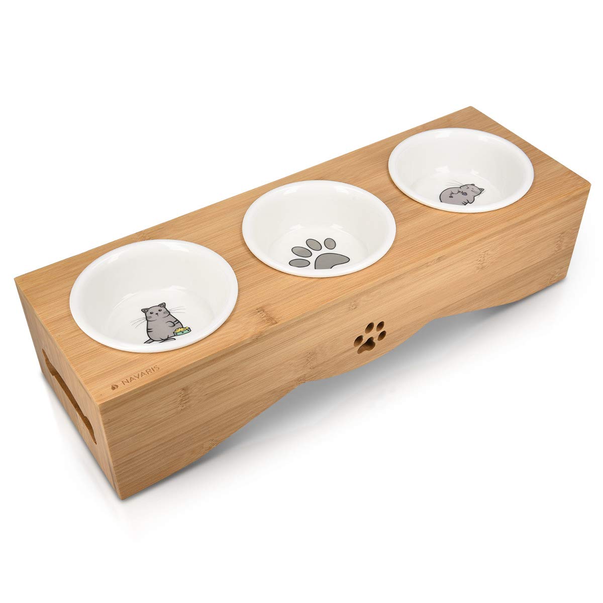 Navaris Cat Bowls with Stand - Elevated Triple Feeder for Cats - Ceramic Pet Bowl Dishes 3-Pcs Set with Printed Designs and Rais