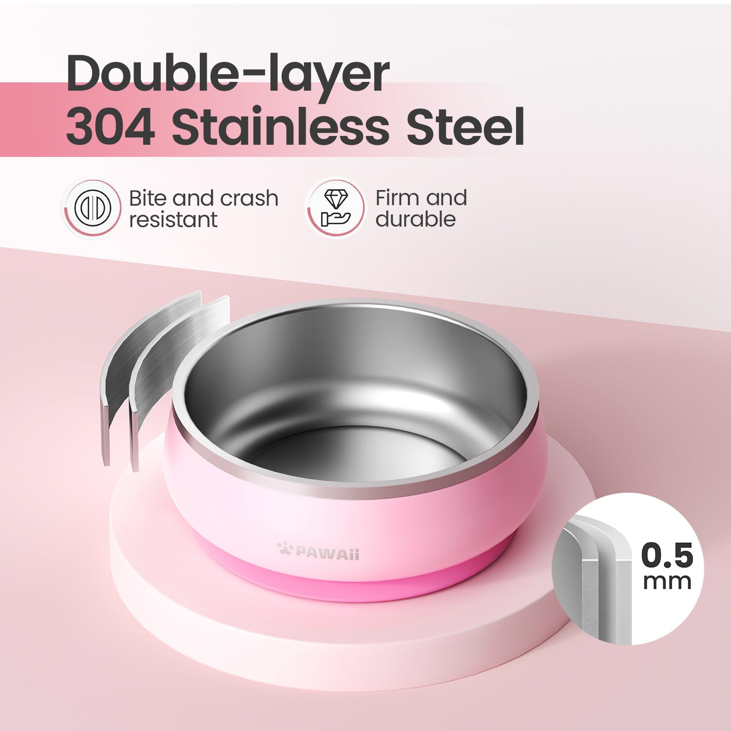 Pawaii Stainless Steel Dog Bowl - 34oz, Durable, Non-Slip Rubber Base, Sakura Pink, Dishwasher Safe, Double Wall Insulation
