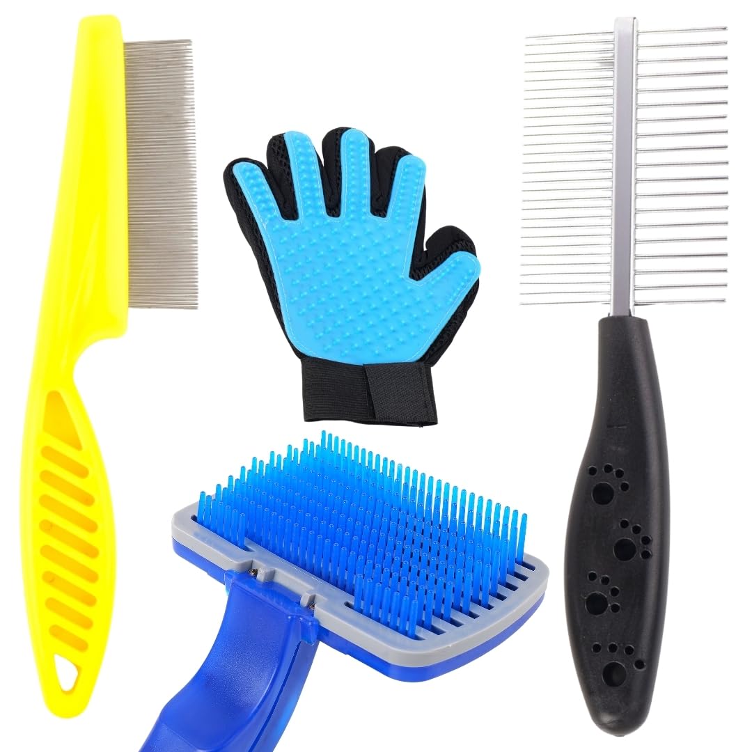 Pet Grooming Kit With SelfCleaning Slicker Brush, Deshedding Glove, Metal Flea Comb, 4Piece Dog Brush Set For Pet Hair Removal