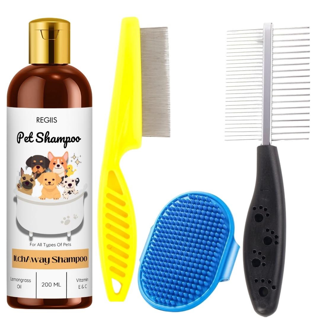 Regiis Pet Shampoo Set With Grooming Brushes, 200Ml Lemongrass Oil Formula, Includes Metal Flea Comb, Yellow Deshedding Tool, Bl