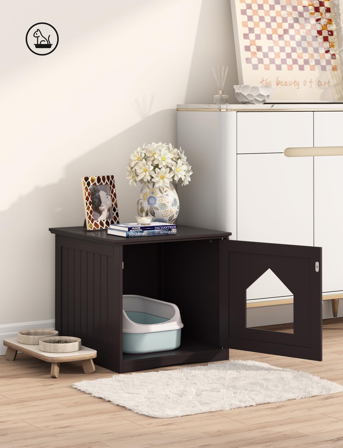 Happaws Cat Litter Box Enclosure Furniture, Modern Hidden Cat Litter Box Enclosure, Sturdy Wooden Night Stand & Cat House Side T