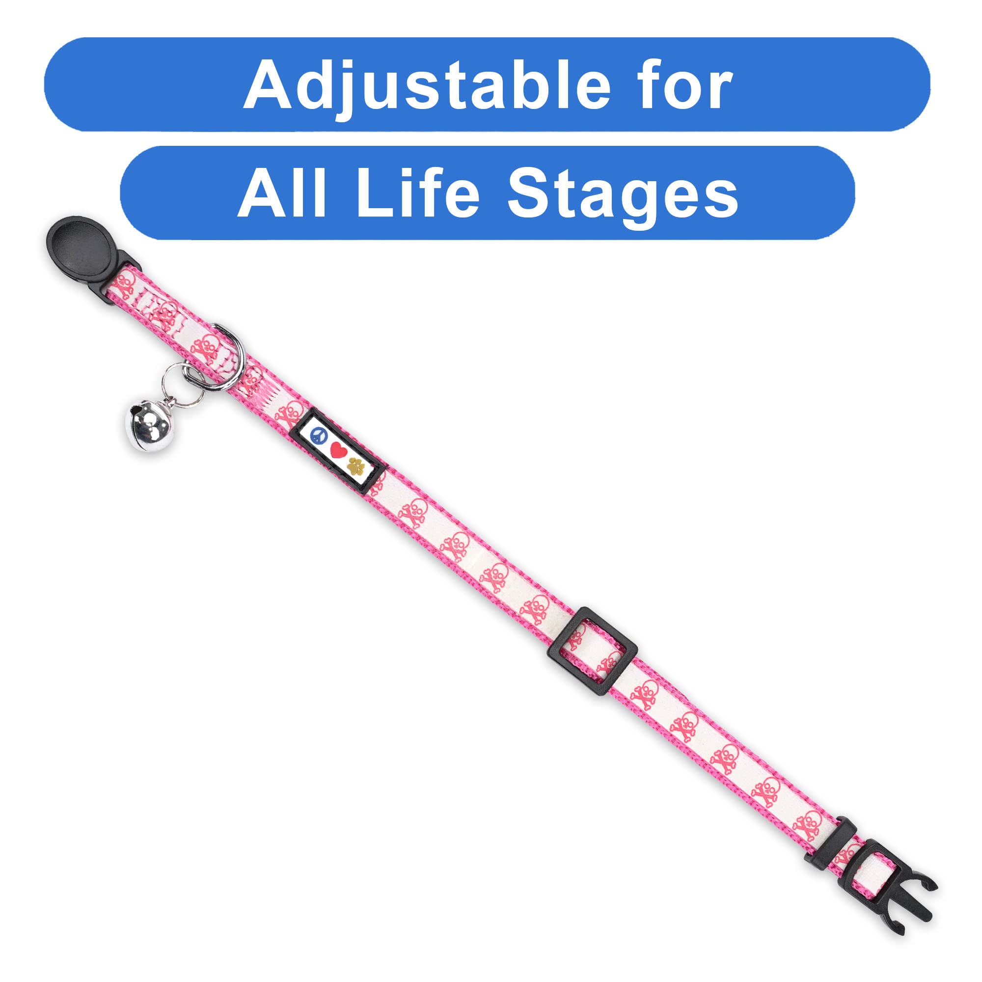 Pawtitas Halloween Cat Collars For Cats Adjustable Collar Glow In The Dark Feature And Safety Breakaway Buckle And Removable Bell To Match Your Halloween Cat'S Costume - Pink Skulls Pattern