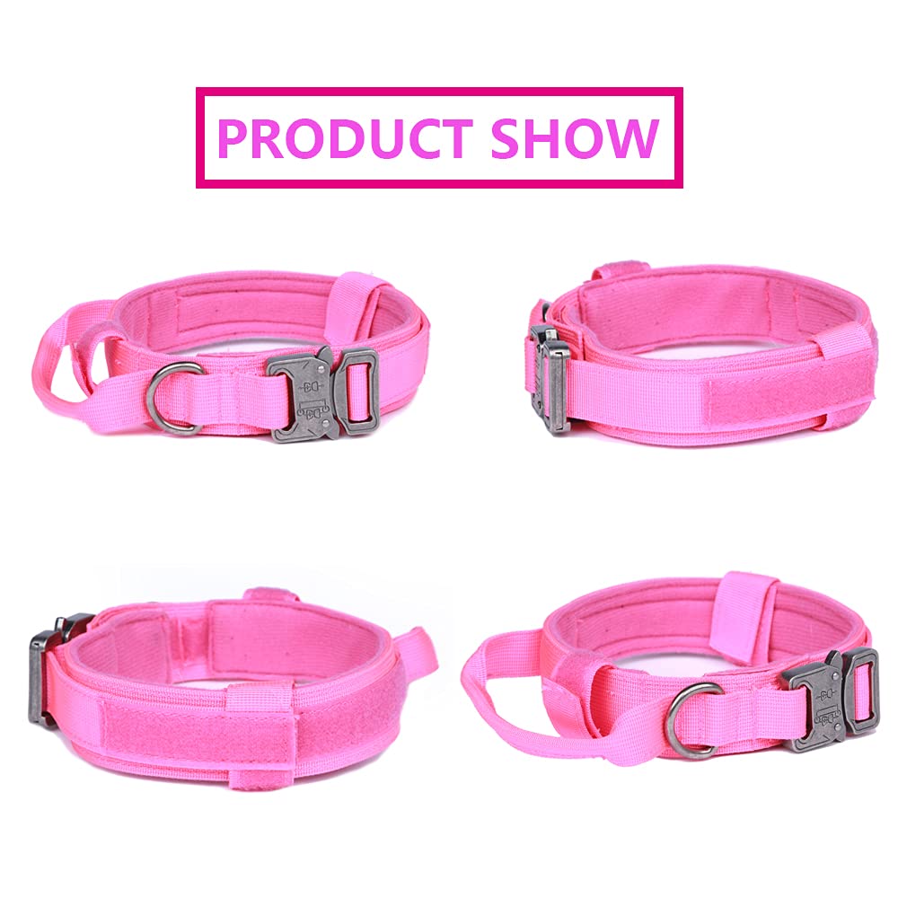 Tactical Dog Collar And Leash Set Tactical Dog Collar With Handle Bungee Leash Adjustable Military Training Nylon Collar Dog Training Collar Leash Set With Control Handleand Metal Buckle(Pink S