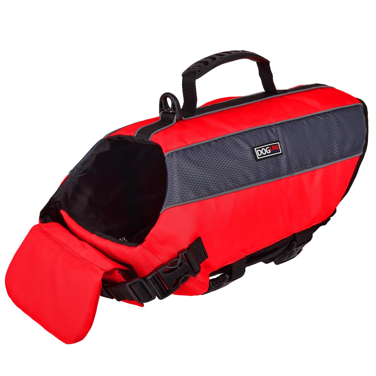 Dogline Dog Life Jacket – Dog Life Vest For Swimming And Boating In Hi-Viz Colors With Reflective Strips Mesh Underbelly For Draining And Drying And Top Carry Handle 32 To 41' Girth Red