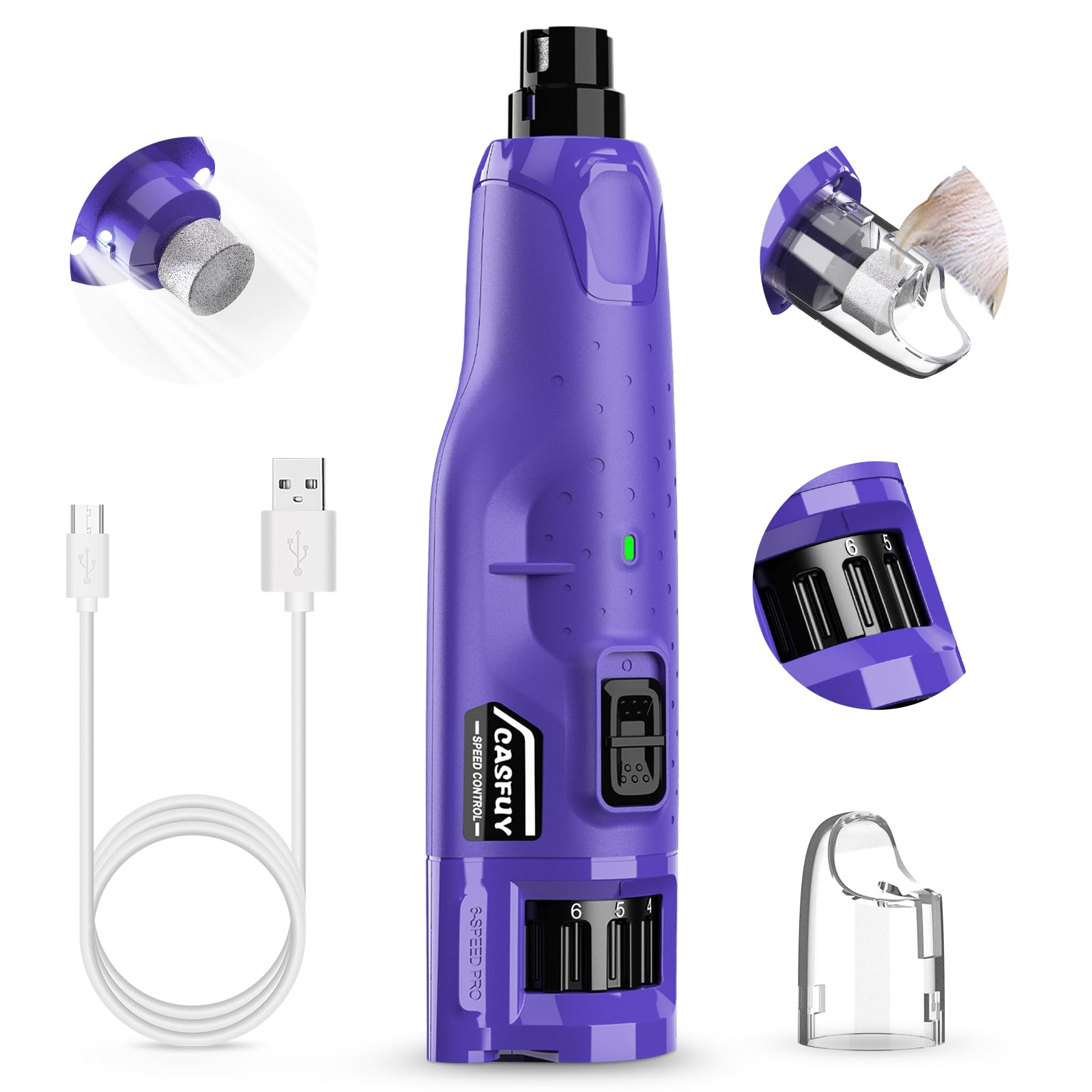 Casfuy Dog Nail Grinder Quiet - (45Db) 6-Speed Pet Nail Grinder With 2 Led Lights For Large Medium Small Puppy Dogs/Cats, Profes