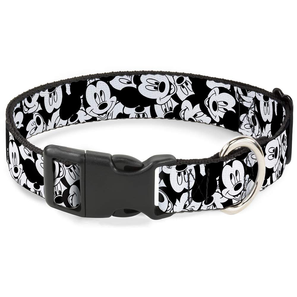 Buckle-Down Plastic Clip Collar - Mickey Mouse Expressions Stacked White/Black - 1'' Wide - Fits 9-15'' Neck - Small