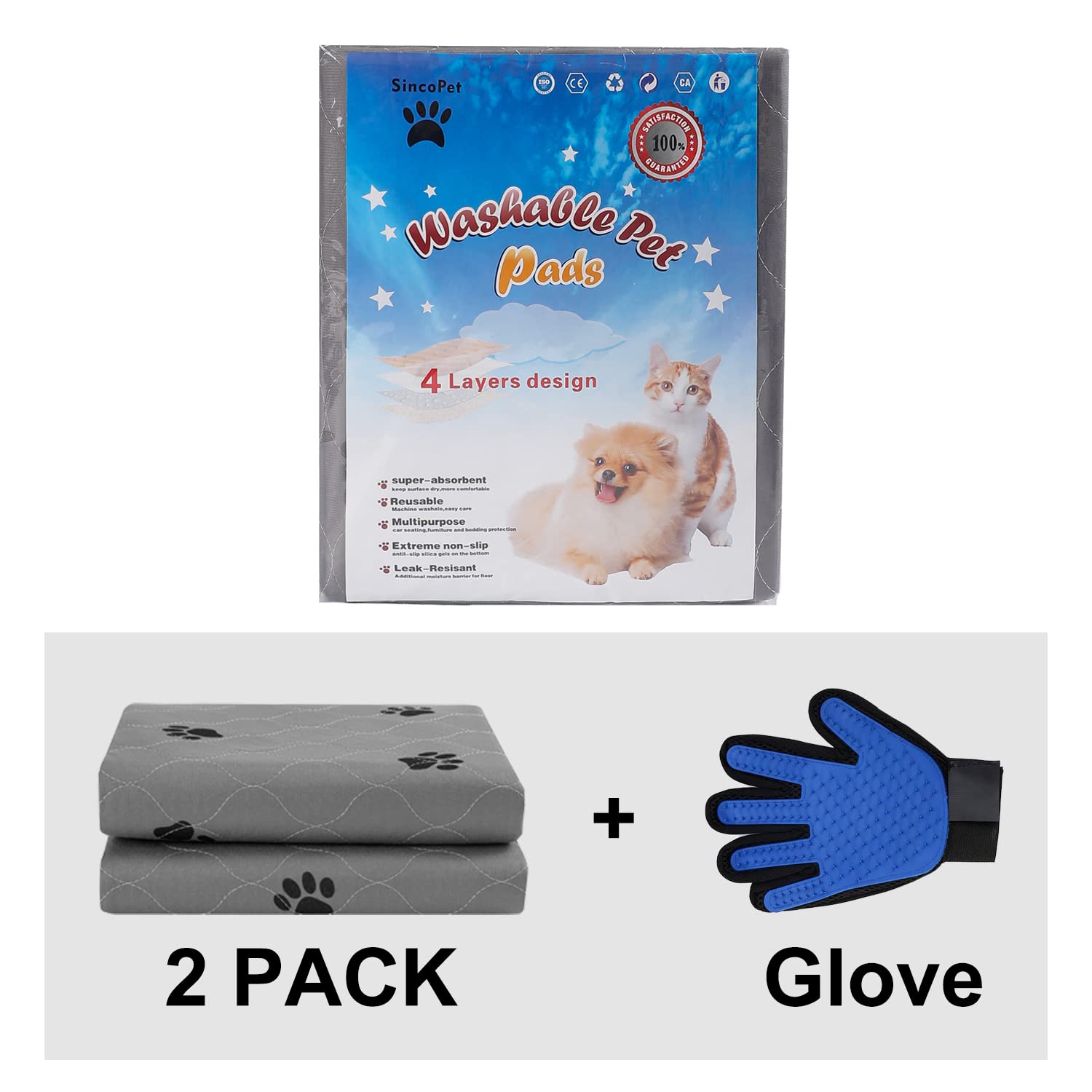 Washable Pee Pads For Dogs + Free Puppy Grooming Gloves/Quilted, Fast Absorbing Machine Washable Dog Whelping Pad/Waterproof Puppy Training Pad/Housebreaking Absorption Pads
