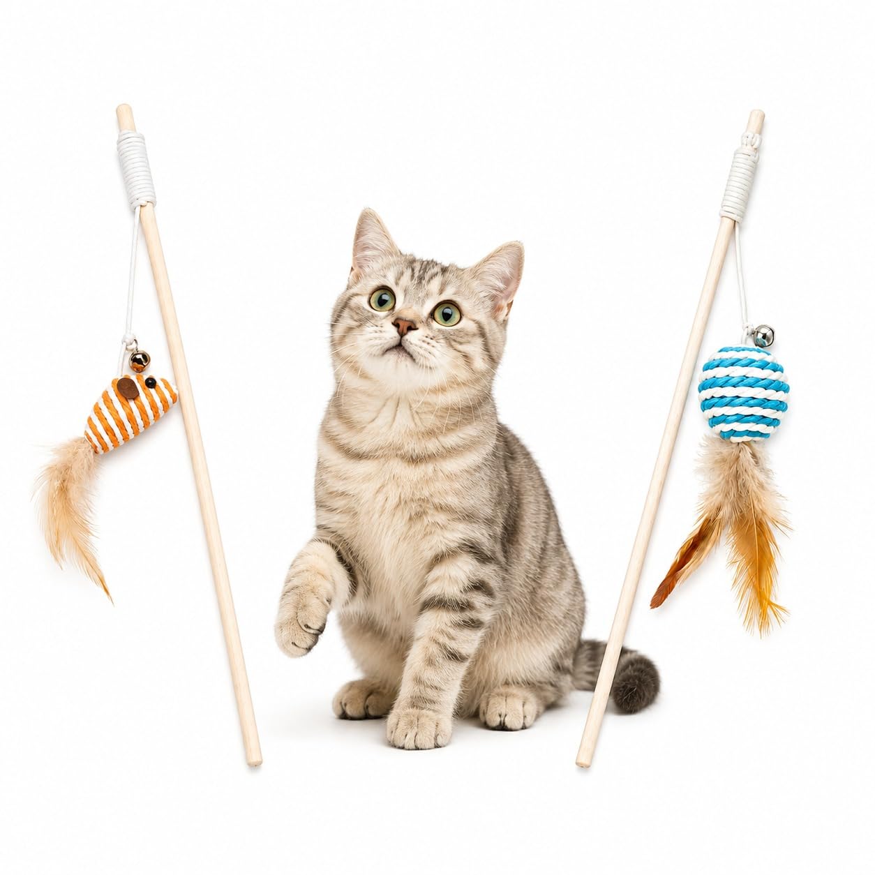 Pet Fun Interactive Cat Teasing Stick | Sisal Mouse & Sisal Ball Engaging Feather Wand Toy Set For Kitten & Cats, Activity Tease