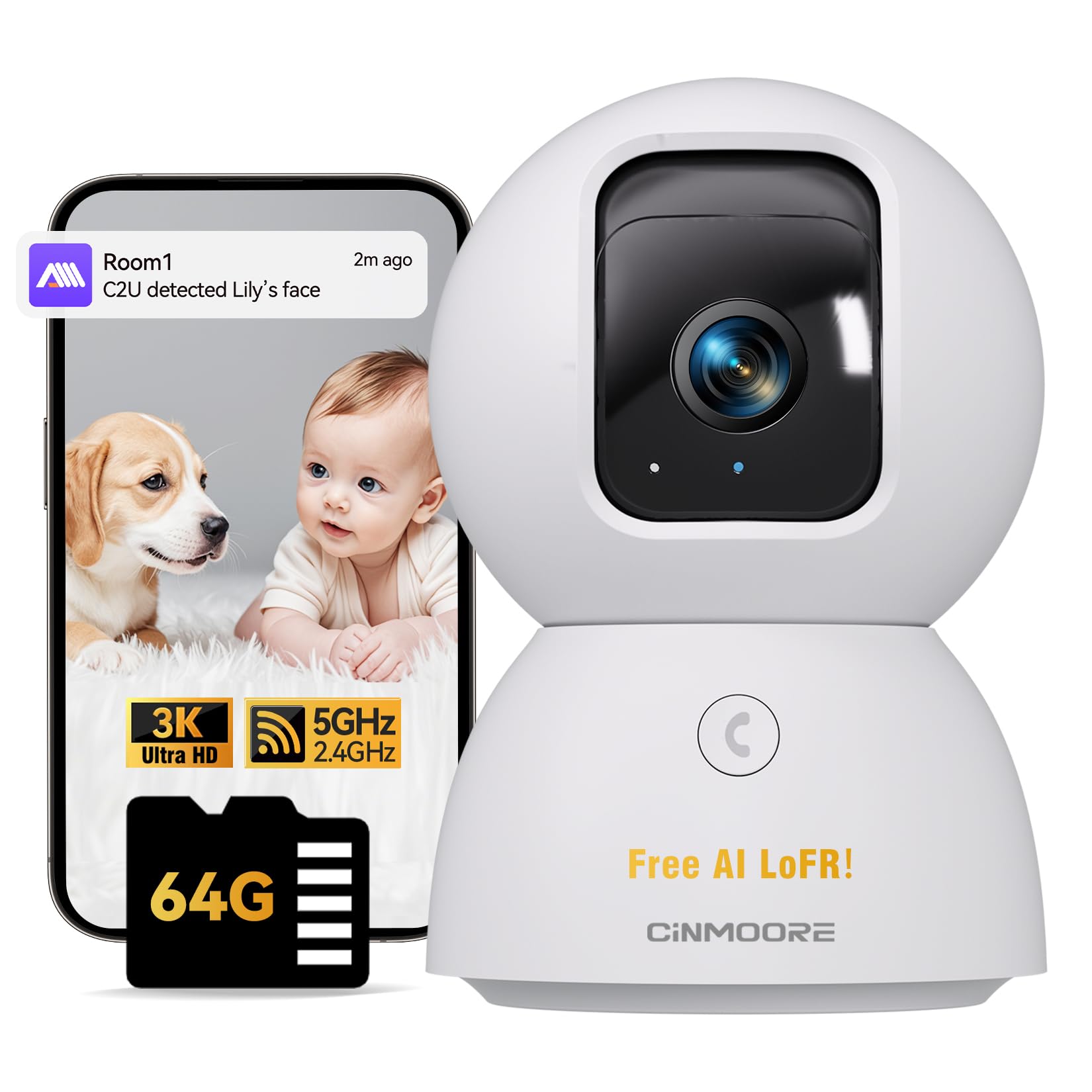 Cinmoore 3K 5Mp Pet/Dog Camera Indoor With Phone App, 5Ghz Wifi Cameras For Home Security Baby Camera Monitor, Ai Tracking W/Fac