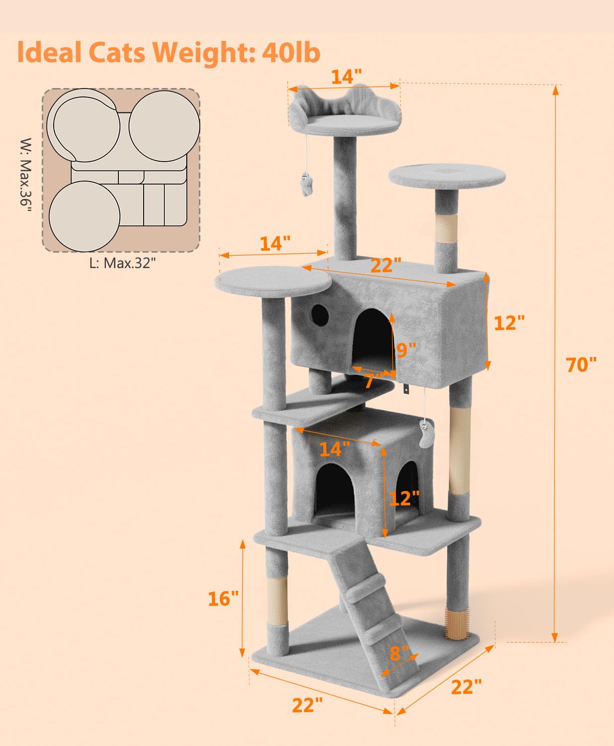 Os Motor 70'' Cat Tree Tower For Indoor Cats Large Adult,Cute/Tall Modern Cat Tree For Big Cats 20 Lbs,Plush Multi-Level Cat Con