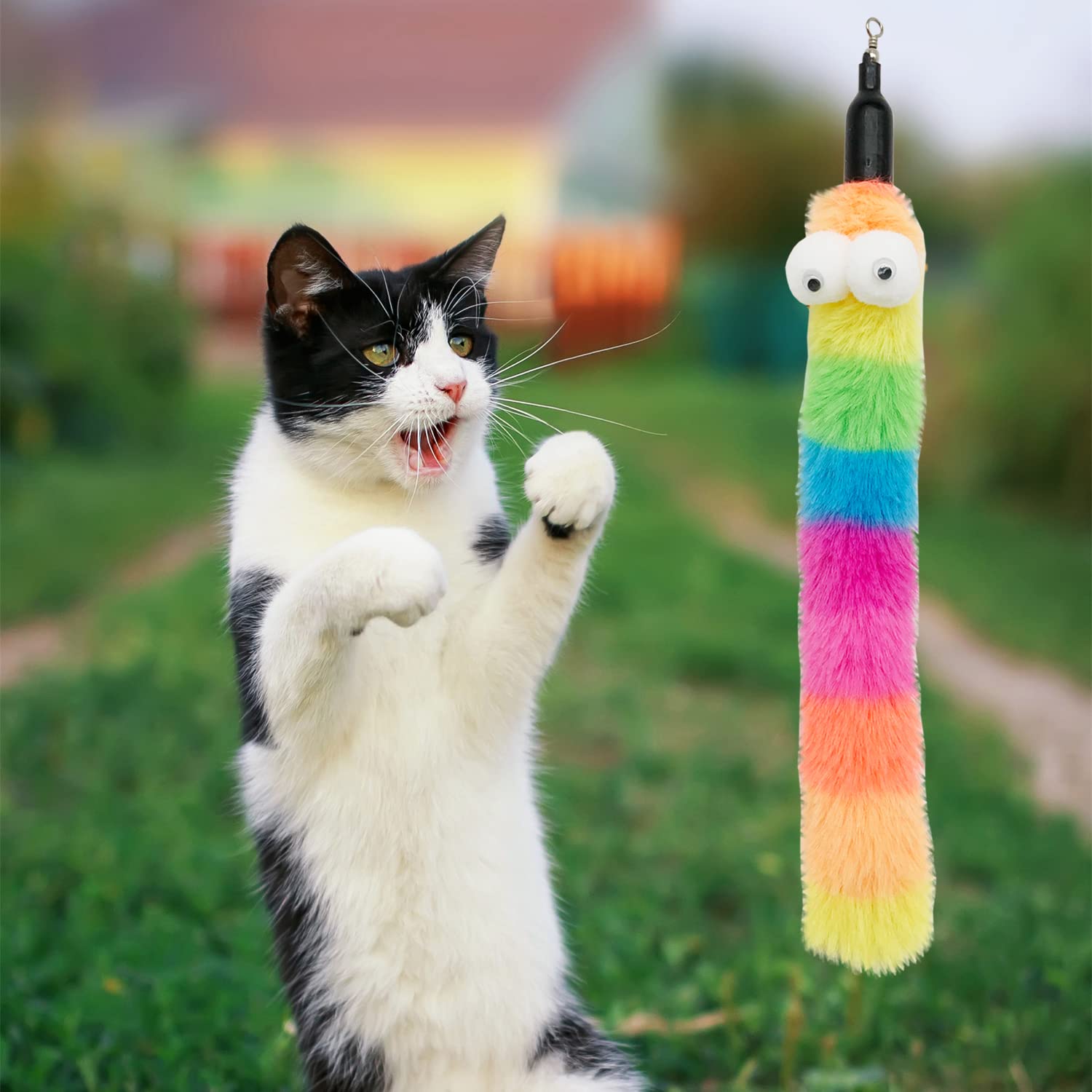 Cateness Cat Wand Feather Toys, 1 Pcs Elasticity Cat Toy Wand And 8 Pcs Worms Refills, Interactive Teaser Wand Toy For Indoor Ca