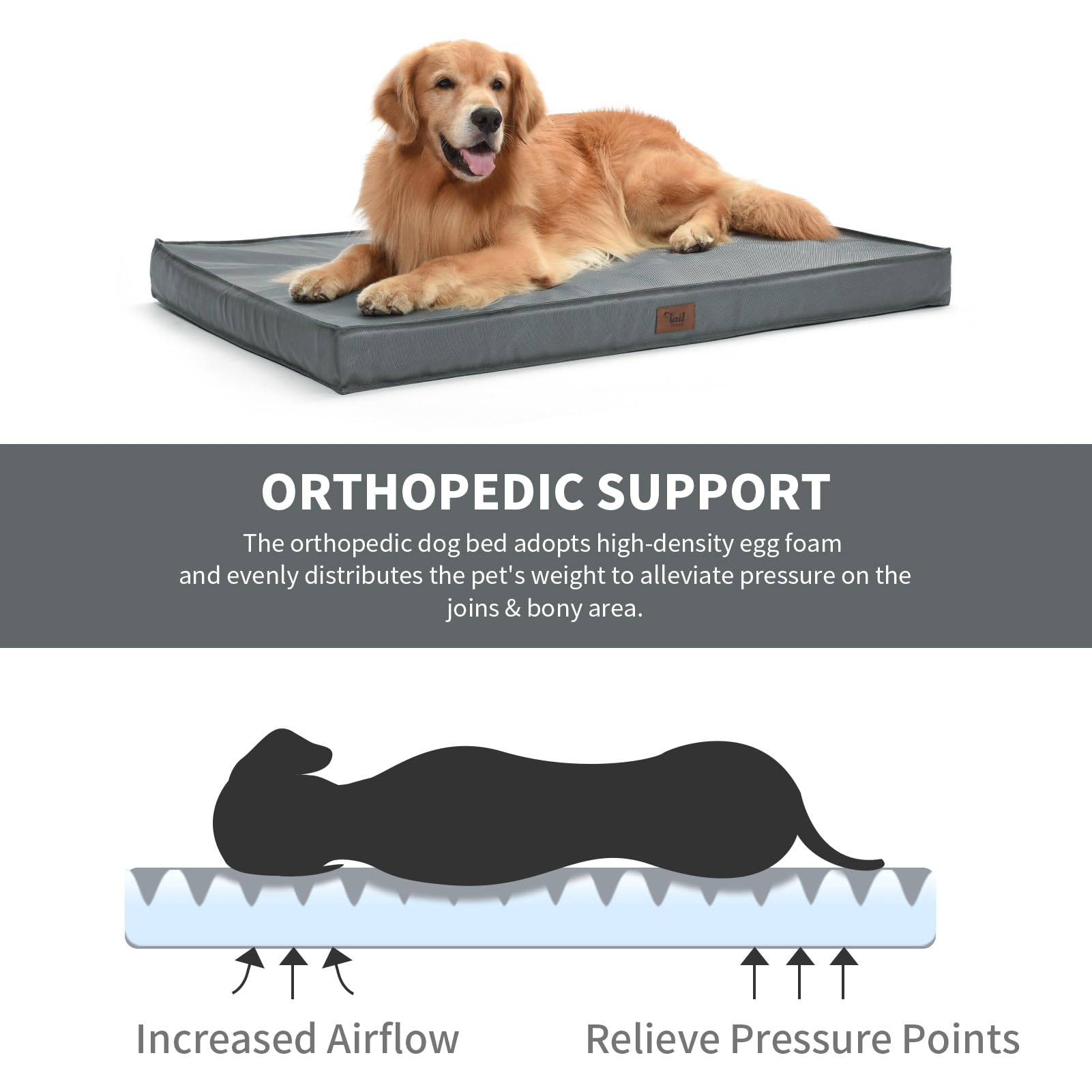 Tail Stories Extra Large Dog Bed - Waterproof Oxford Fabric, Egg Crate Foam, 44"x32"x3.5", Grey