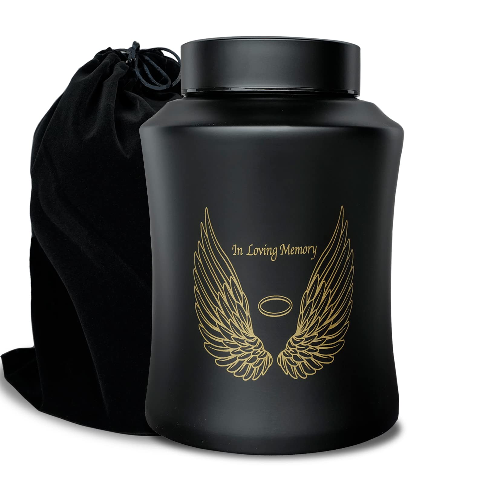 Up To 160 Lbs Large Cremation Urns For Adult Human Ashes, Angel Wings In Loving Memory Decorative Funeral Burial Urn For Male Female Ashes With Velvet Bag(Black)