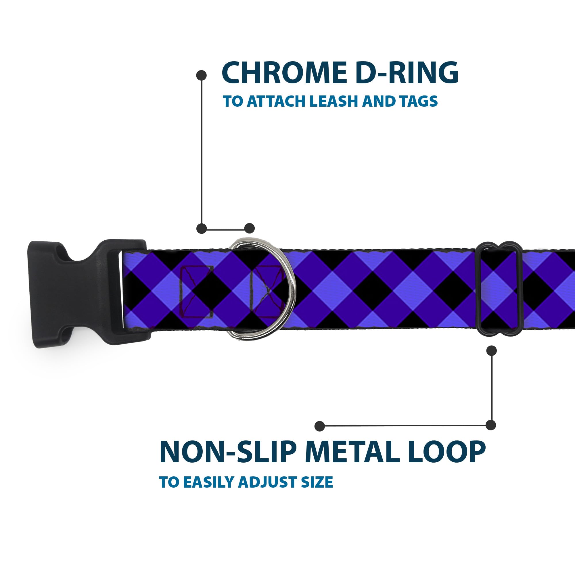 Buckle-Down Pc-W30431-Wm Diagonal Buffalo Plaid Black/Blue Plastic Clip Collar, Wide Medium/16-23''