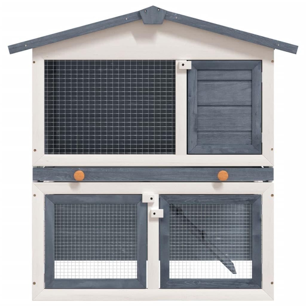 vidaXL Gray Wood Outdoor Rabbit Hutch with 3 Doors - Spacious 2-Tier Design, Weatherproof Roof, Cozy Cubby, Safety Features, Eas