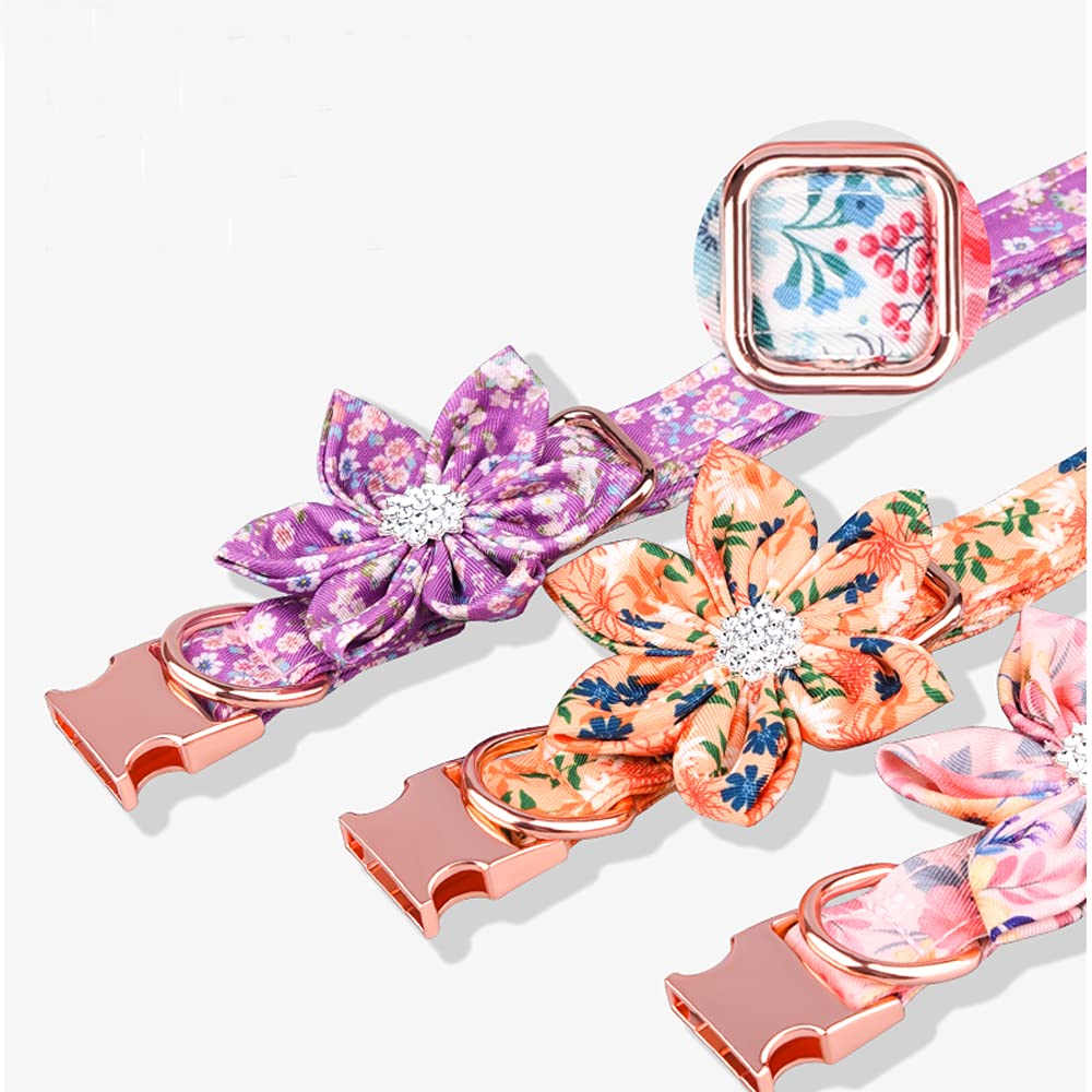 Serijoars Cute Girl Dog Collars For Small Medium Large Dogs, Floral Patterns Female Dog Collar With Detachable Rhinestone Flower