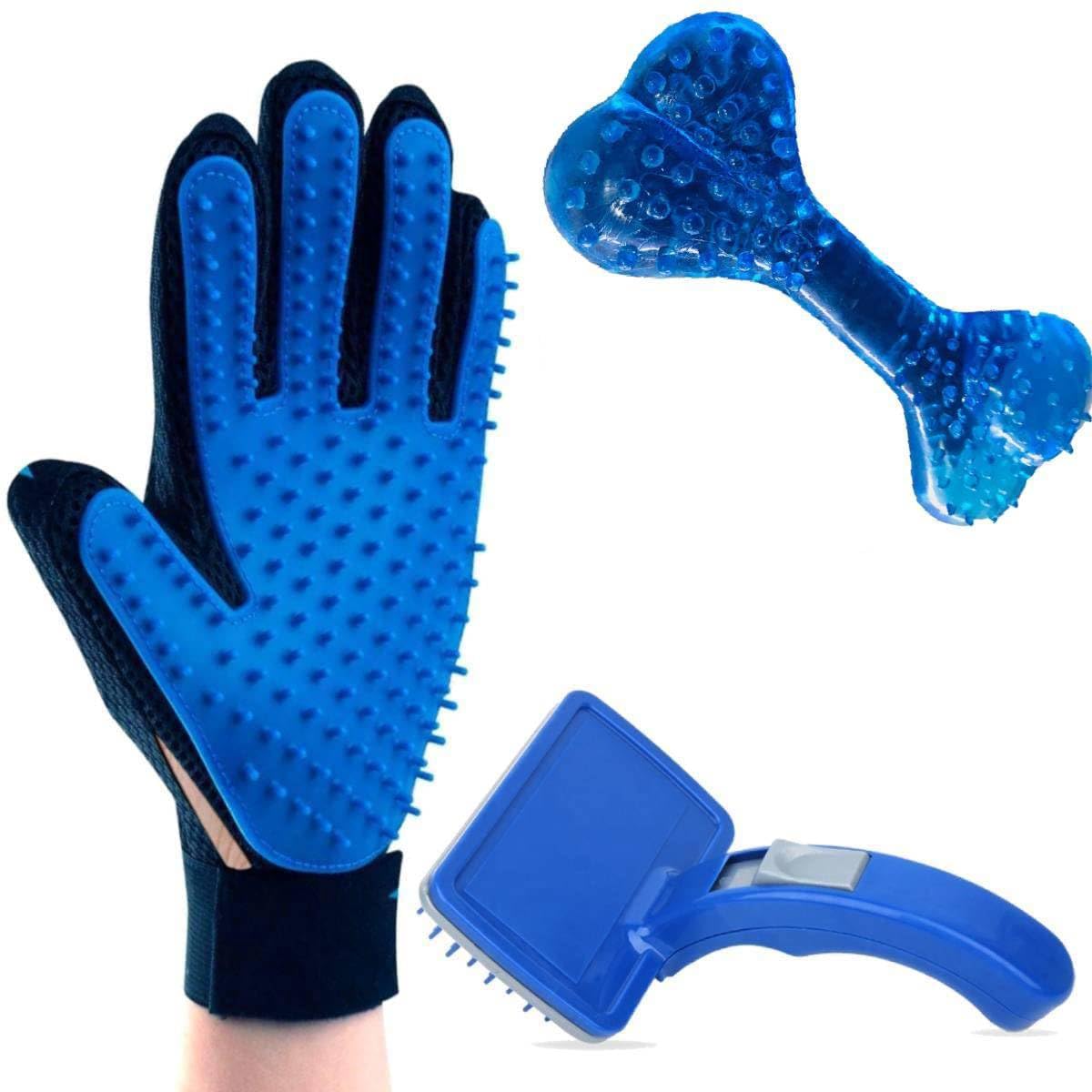 Youhavedeal 3 In 1 Pet Grooming Combo  Self Cleaning Slicker Brush With Press Button, Rubber Chew Bone & Deshedding Glove For P