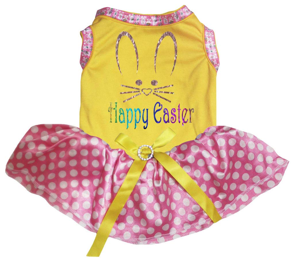 Petitebella Bunny Face Happy Easter Puppy Dog Dress (Yellow/Pink Dots, Large)