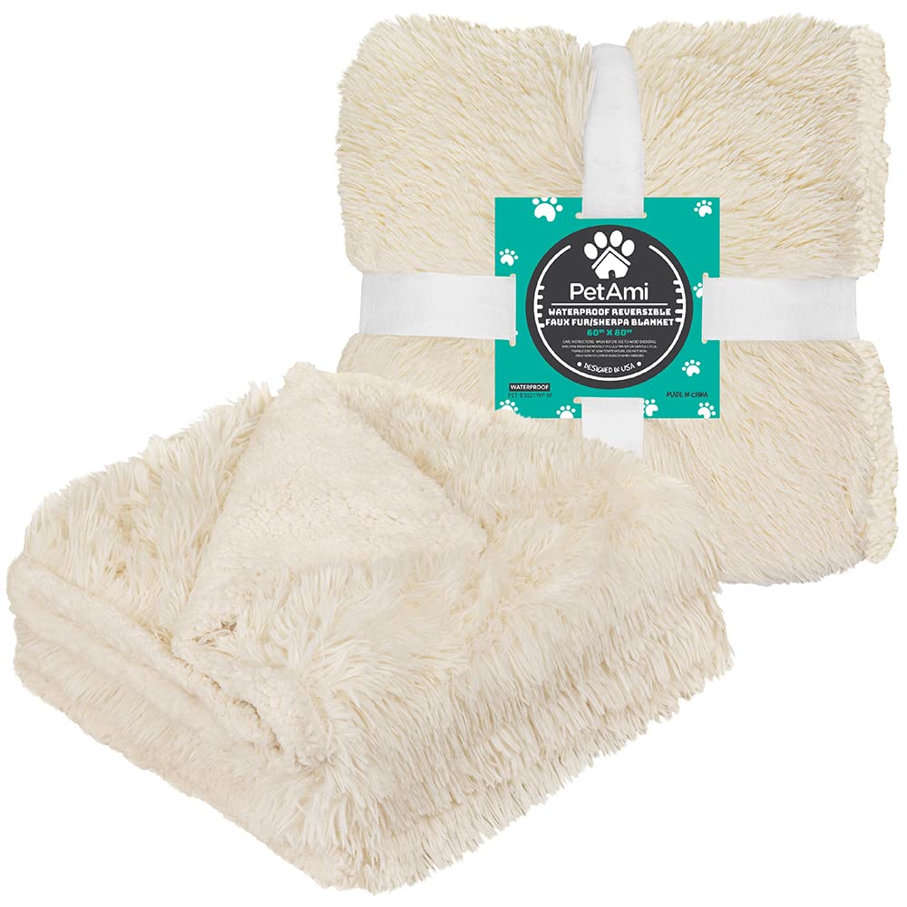 Petami Waterproof Dog Blanket For Bed Xl Dog Pet Blanket Couch Cover Protector, Sherpa Fleece Fuzzy Leakproof Blanket For Sofa Furniture Queen Bed Protection Reversible Soft Fluffy, 90X90 Cream Beige