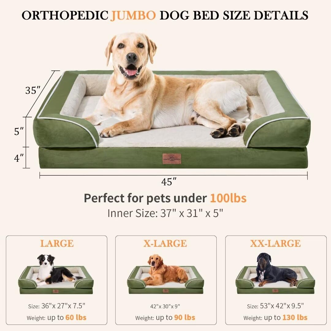 Comfort Expression Orthopedic Dog Bed For Jumbo Breed Large Dogs, Jumbo Dog Bed Waterproof, Pv Washable Dog Sofa Bed With Removable Cover & Non-Slip Bottom(Jumbo,Light Green)