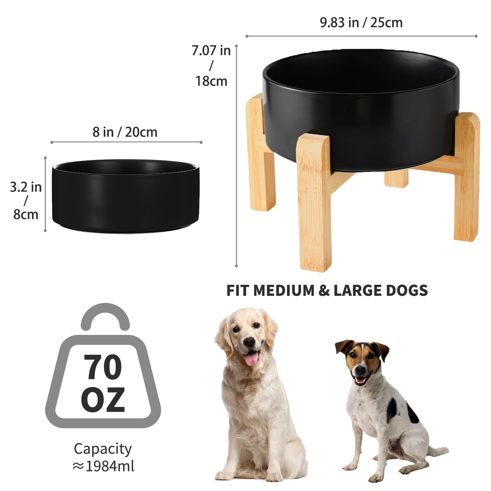 Welloyed 8 Ceramic Raised Dog Bowl - 70Oz Dog Food & Water Bowl with Elevated Non-Slip Bamboo Stand, Dishwasher & Microwave Sa