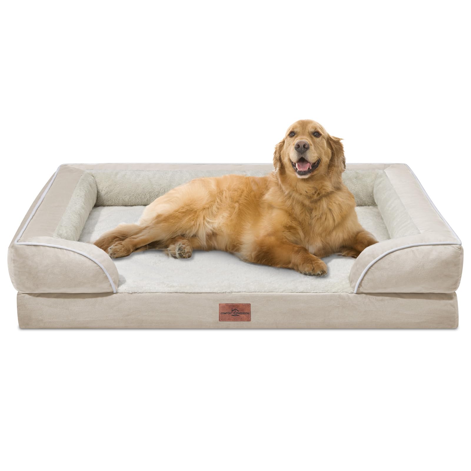 Comfort Expression Xl Dog Beds For Extra Large Dogs, Waterproof Orthopedic Dog Bed With Bolster, Washable Dog Bed Sofa With Removable Cover & Non-Slip Bottom(X-Large,Beige)
