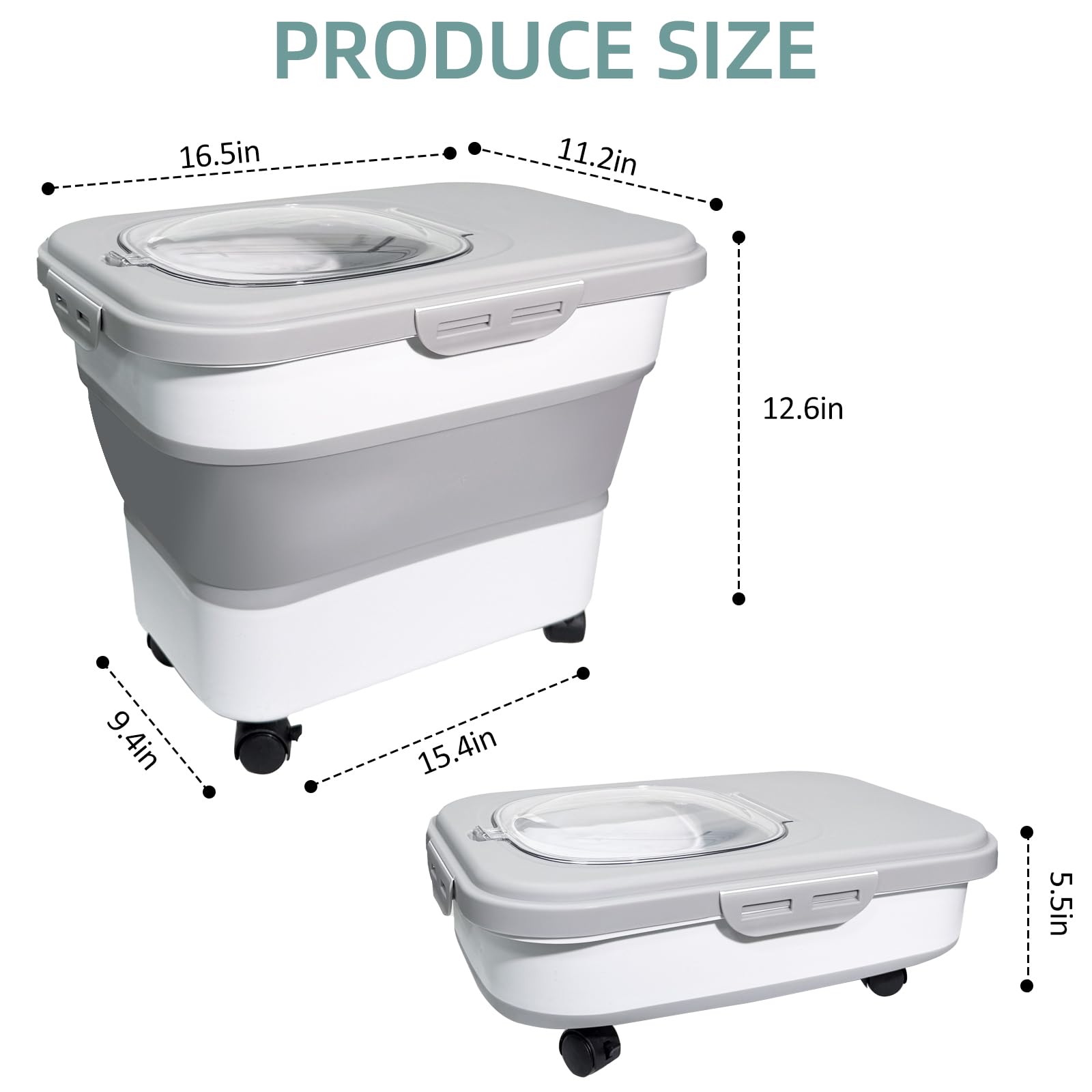 SECOAT Collapsible Cat Litter Storage Container, 20 lbs, Gray, BPA Free, with Rolling Casters and Airtight Lid
