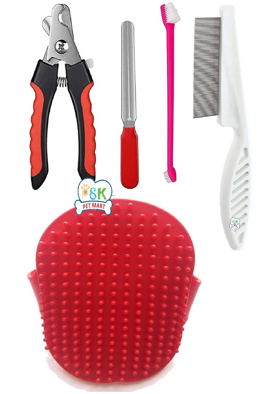 Psk Pet Mart Grooming Flea Combo, Nail Cutter, Tooth Brush For Dog, Bathing Gloves For Puppy, Cat And Kitten  Combo Of 4