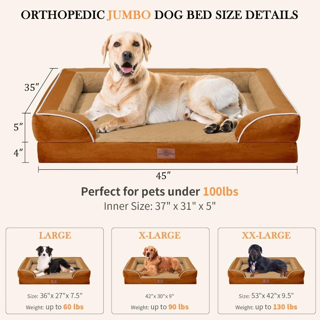 Comfort Expression Orthopedic Dog Bed For Extra Large Dogs, Pv Washable Dog Sofa Bed Jumbo, Waterproof Dog Bed With Removable Cover & Non-Slip Bottom(Jumbo,Caramel)