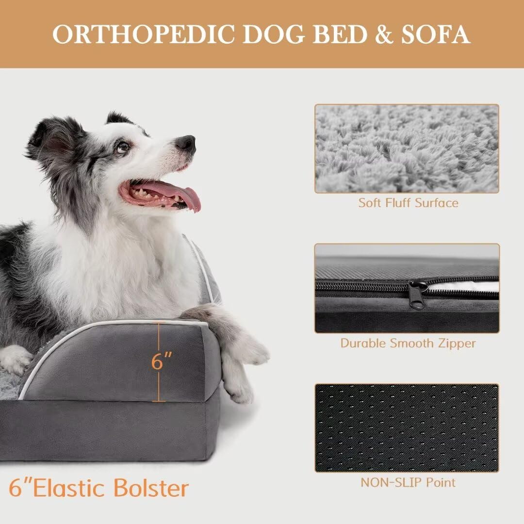 Comfort Expression Cooling Dog Bed, Orthopedic Memory Foam Dog Bed For Giant Dogs, Xxl Dog Bed For Extra Large Dogs, Waterproof Dog Bed With Bolster & Removable Cover(Xx-Large,Silver Grey)