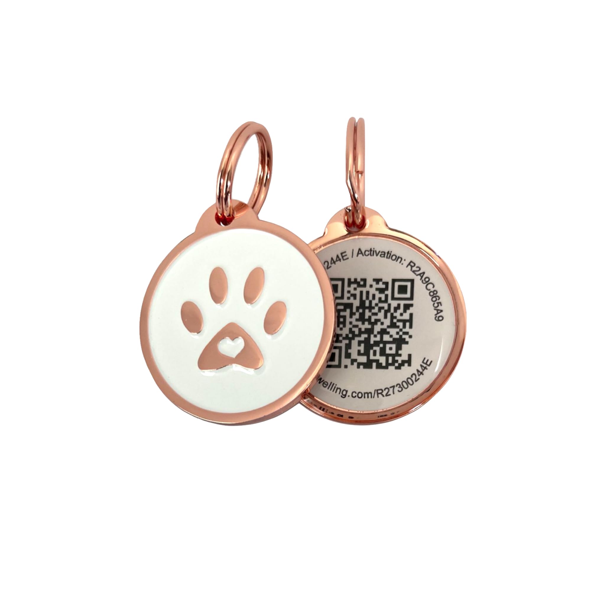 Pet Dwelling Premium Qr Code Pet Id Tags - Dog Tags And Cat Tags, Connect To Online Pet Profile, Receive Instant Scanned Tag Location Email Alert(Lux Rose Gold White Paw)