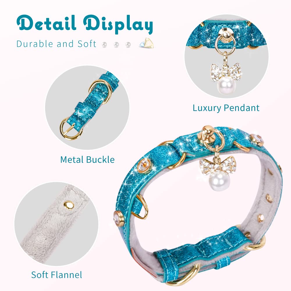 Petshome Cat Collar, Dog Collar, [Bling Rhinestones] Pu Leather Adjustable Pet Collar With Luxury Pendant For Cat And Small Dog Extra Small Blue