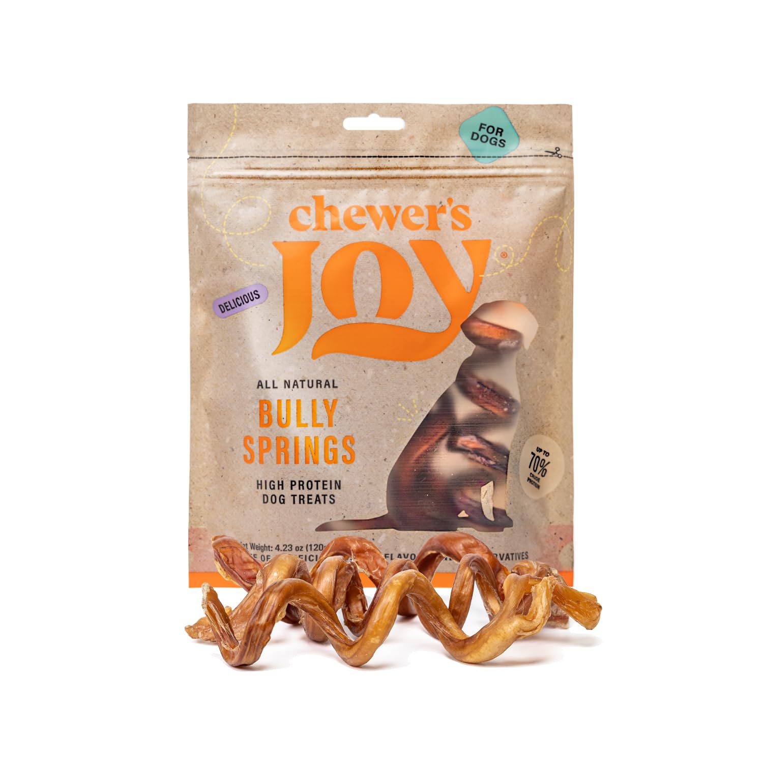 Chewers Joy Bully Spring Chews (6 Count) - Natural Dog Treats - Single Ingredient Long-Lasting Chews, High Protein