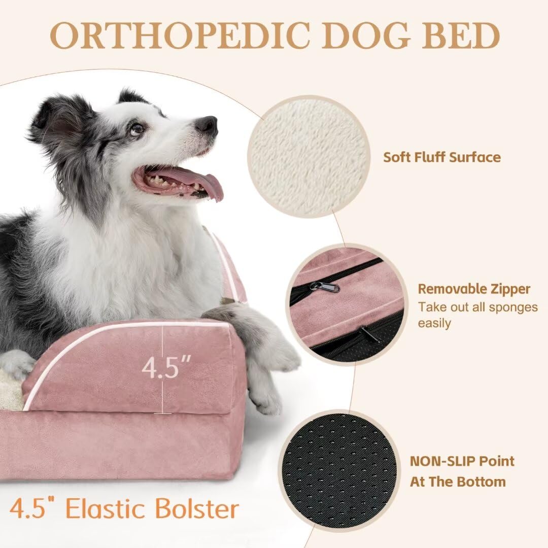 Comfort Expression Large Dog Beds Waterproof Orthopedic Foam Dog Beds For Large Dogs Sofa Comfy Pet Bed With Non-Slip Bottom & Washable Removable Cover(Large,Pink)