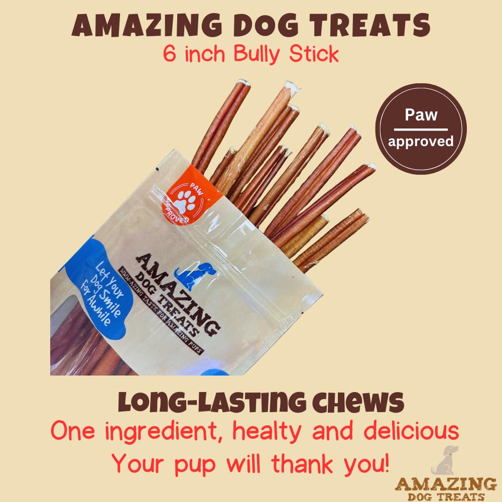 Amazing Dog Treats - Bully Sticks for Small Dogs (6 Inch Junior - 12 Count) - Premium Thin Bully Sticks for Dogs - Best Bully St