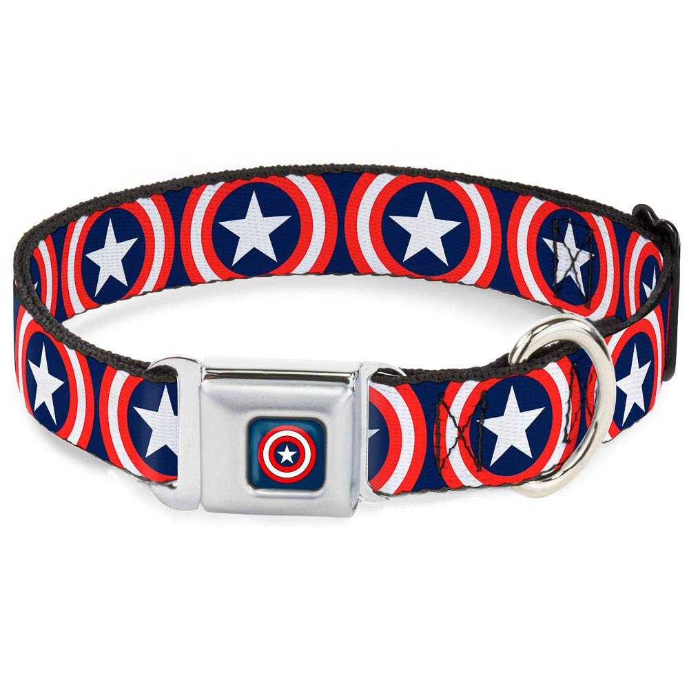 Buckle-Down Seatbelt Buckle Dog Collar - Captain America Shield Repeat Navy - 1' Wide - Fits 11-17' Neck - Medium