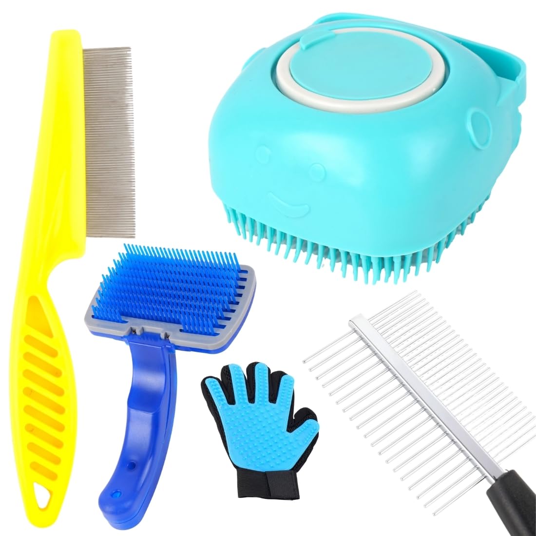 Pet Grooming Kit With SelfCleaning Brush, Slicker Brush, Metal Comb, Grooming Glove, Blue And Turquoise, Professional Dog Cat D