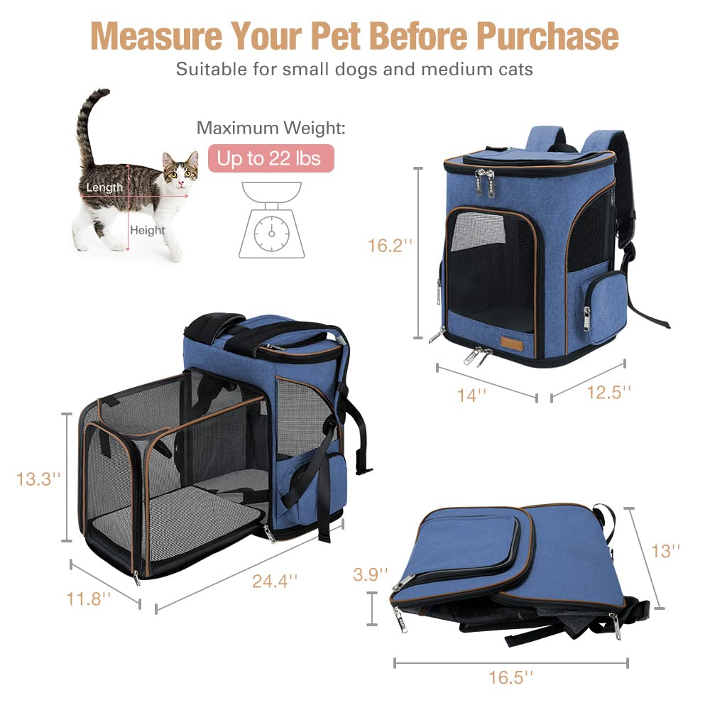 Lekereise Cat Backpack Carrier, Expandable, Fits Up to 25 lbs, 24.4"x14"x16.2", Blue, Model BP-21059, Foldable Polyester Pet Bag