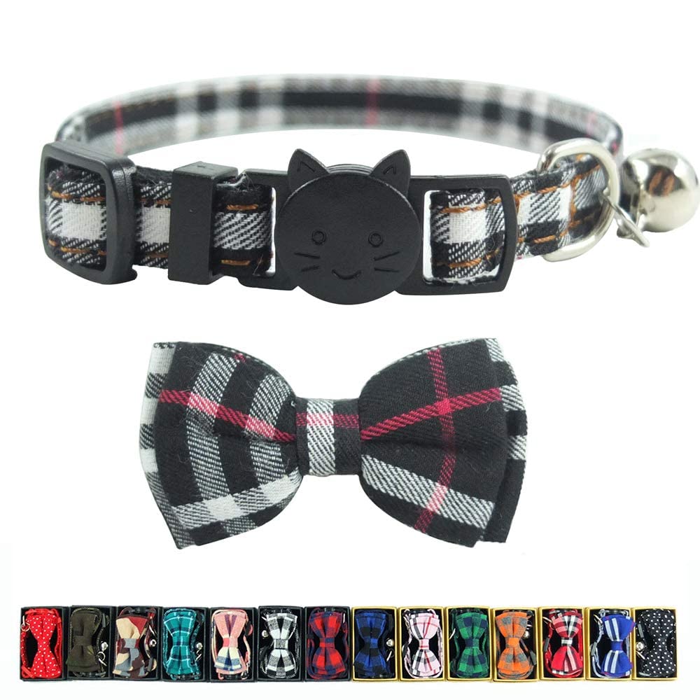 Cat Collar Breakaway With Bell And Bow Tie, Plaid Design Adjustable Safety Kitty Kitten Collars(6.8-10.8In) (Black Plaid 2)