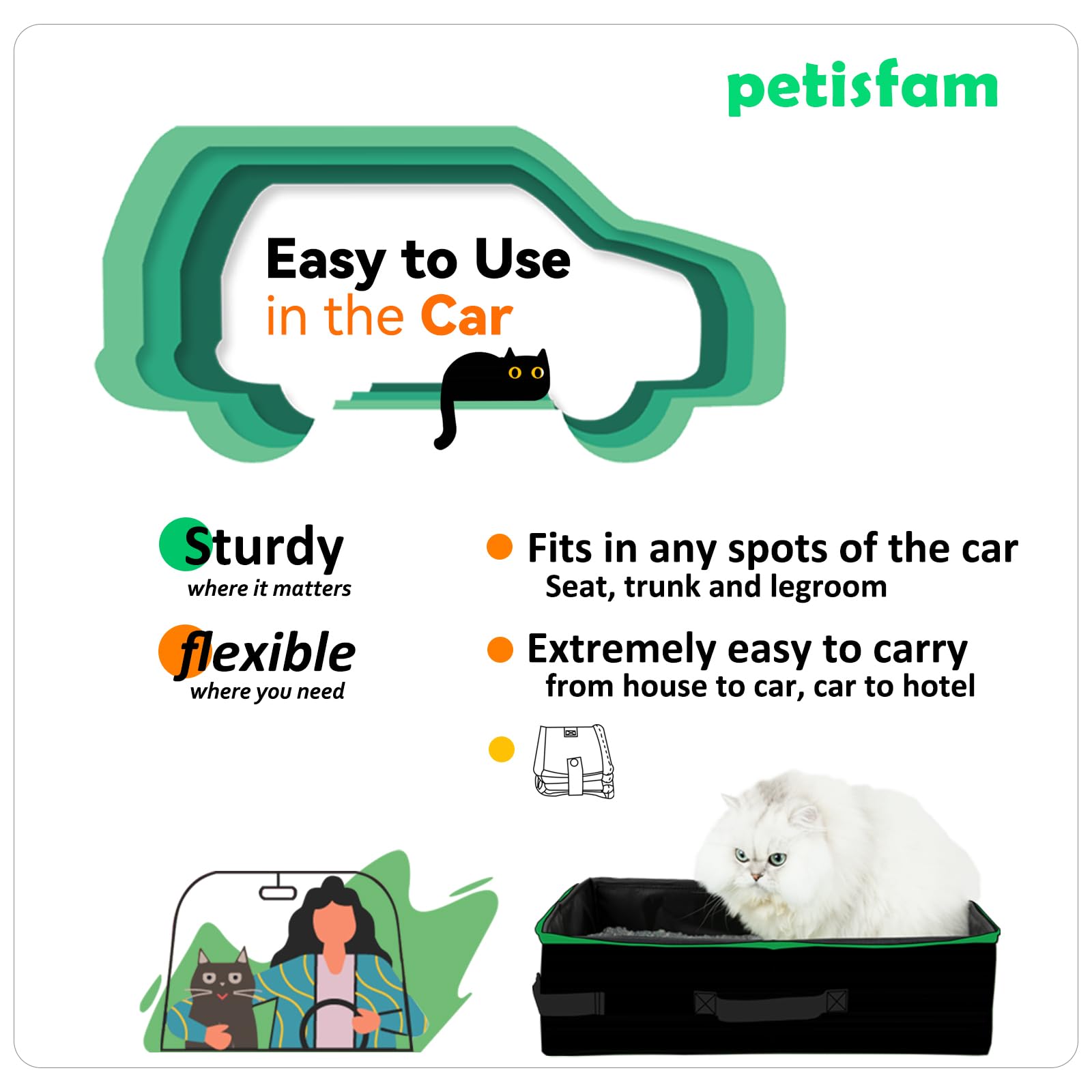 petisfam Portable Travel Litter Box for Cats with Lid to Contain Litter and Odor. Easy to Carry, Clean and Store. Easy for Car T